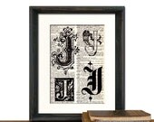 Letter J Monogrammed Gift Personalized Initial Print Vintage Book Page - Beautifully Matted Fathers Day Gift Present Home Office Decor