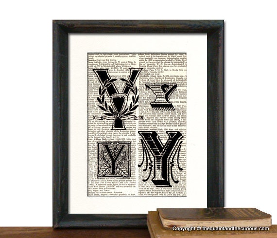 Letter Y Monogrammed Gift Personalized Initial Print Vintage Book Page - Beautifully Matted Fathers Day Gift Present Home Office Decor