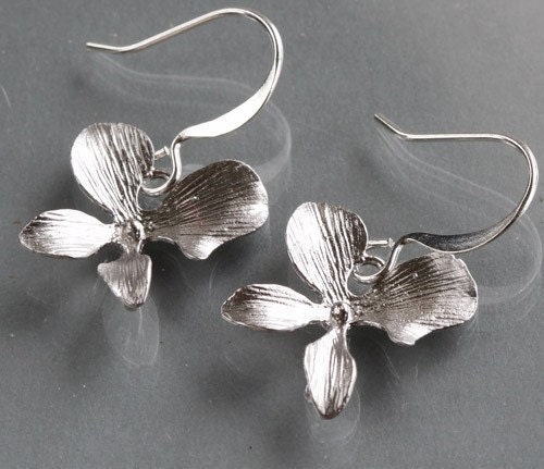 Orchid Earrings, Silver One Flower Design, delicate charm dangle, bridesmaid gift, wedding, by balance9