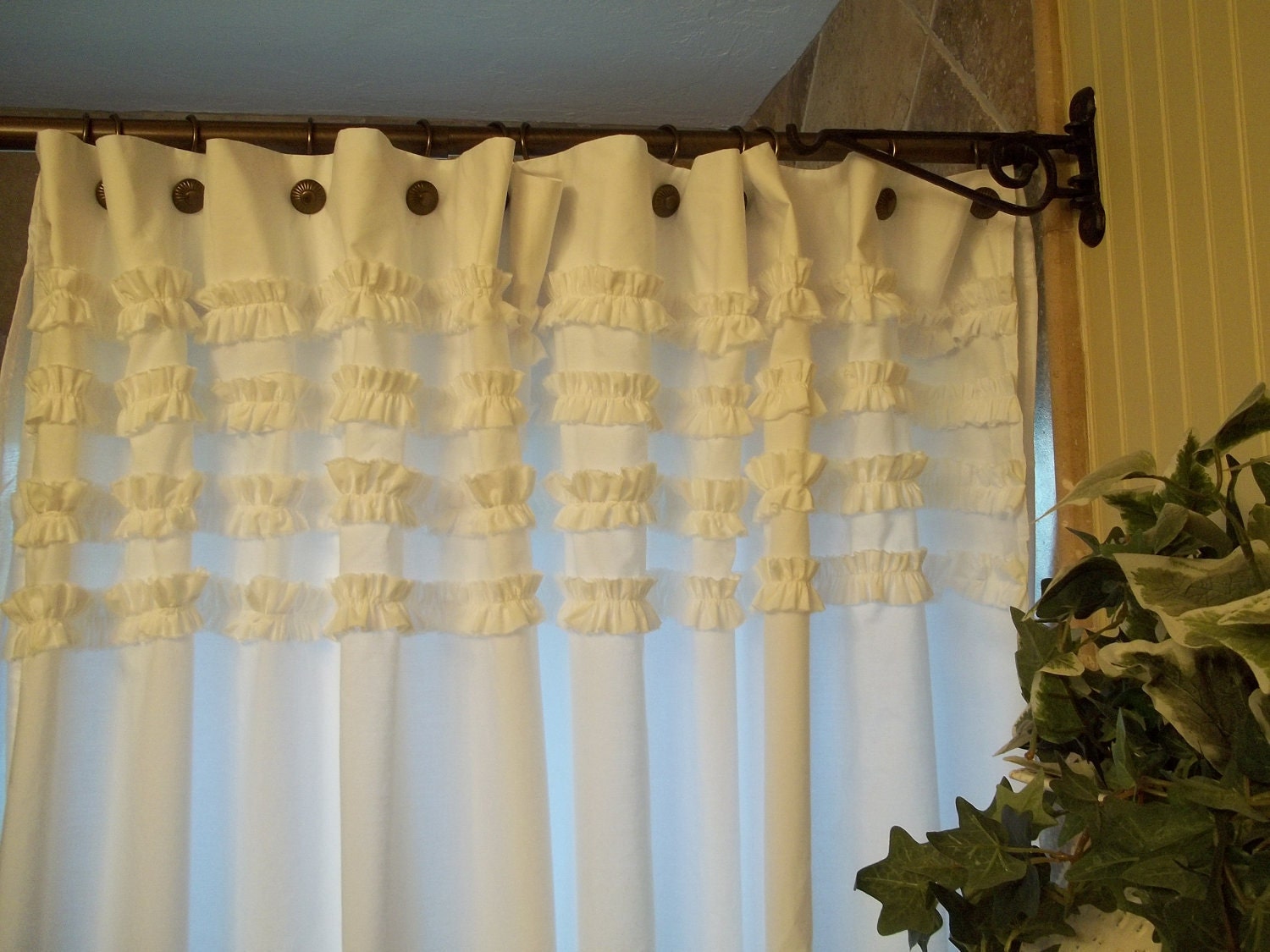 Shabby Chic - Cottage- Beach - Washed White Cotton Ruffles Shower Curtain