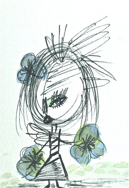 Ellie with Striped Dress and 3 Flowers ACEO Original watercolor/ink on archival paper/ Blue, Green and Black - oneeyedgirls