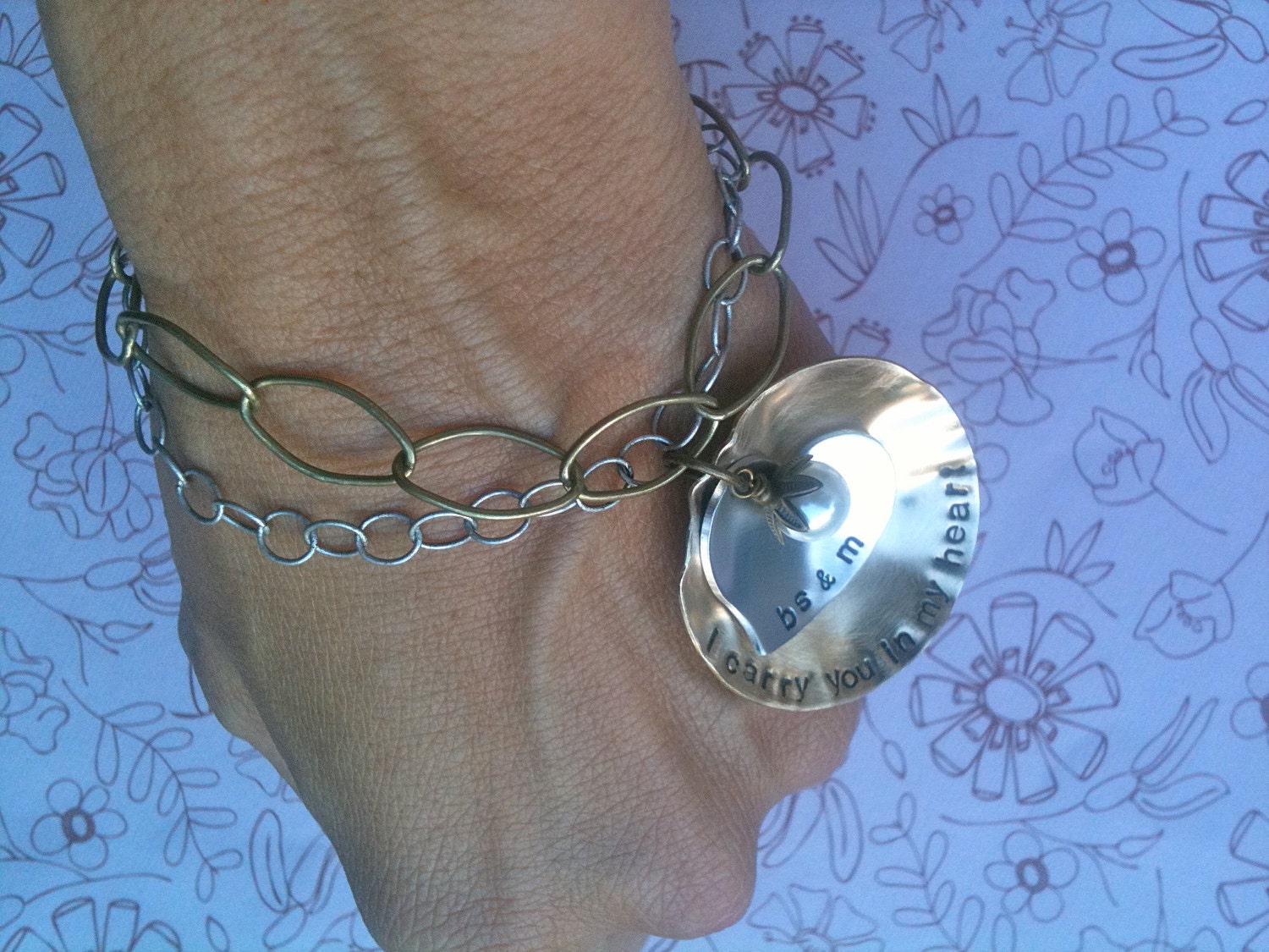 NEW-I Carry You in My Heart...Rustic Hand Stamped Bracelet..Mixed Metals