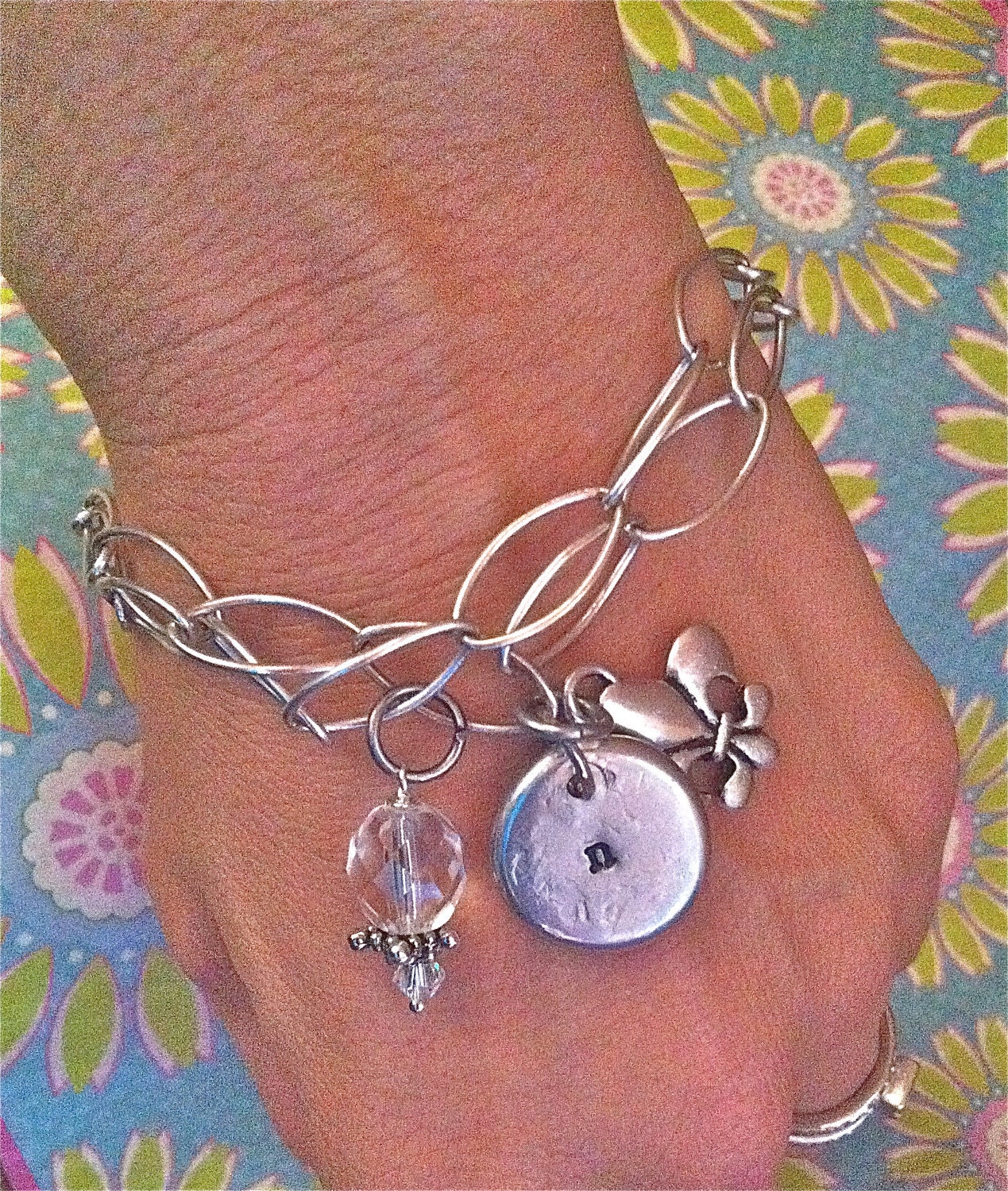 NEW-Rustic Initial Sparkle....Hand Stamped Chunked Charm Bracelet