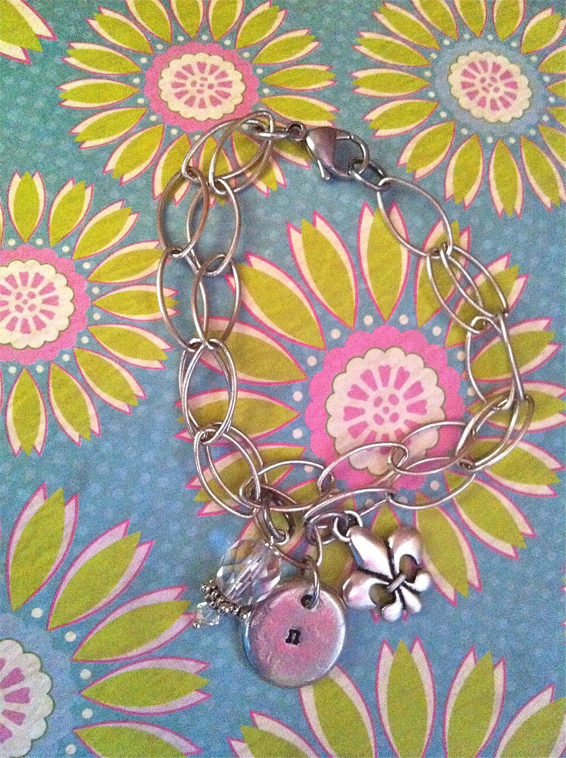 NEW-Rustic Initial Sparkle....Hand Stamped Chunked Charm Bracelet