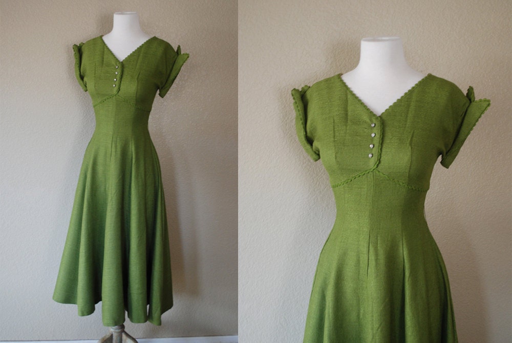 Vintage Dress 40s 50s Peridot Green Woven Full Skirt Gown XS S