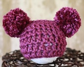 Newborn Girl Double Pom Beanie in Plum Purple CHUNKY crocheted baby hat