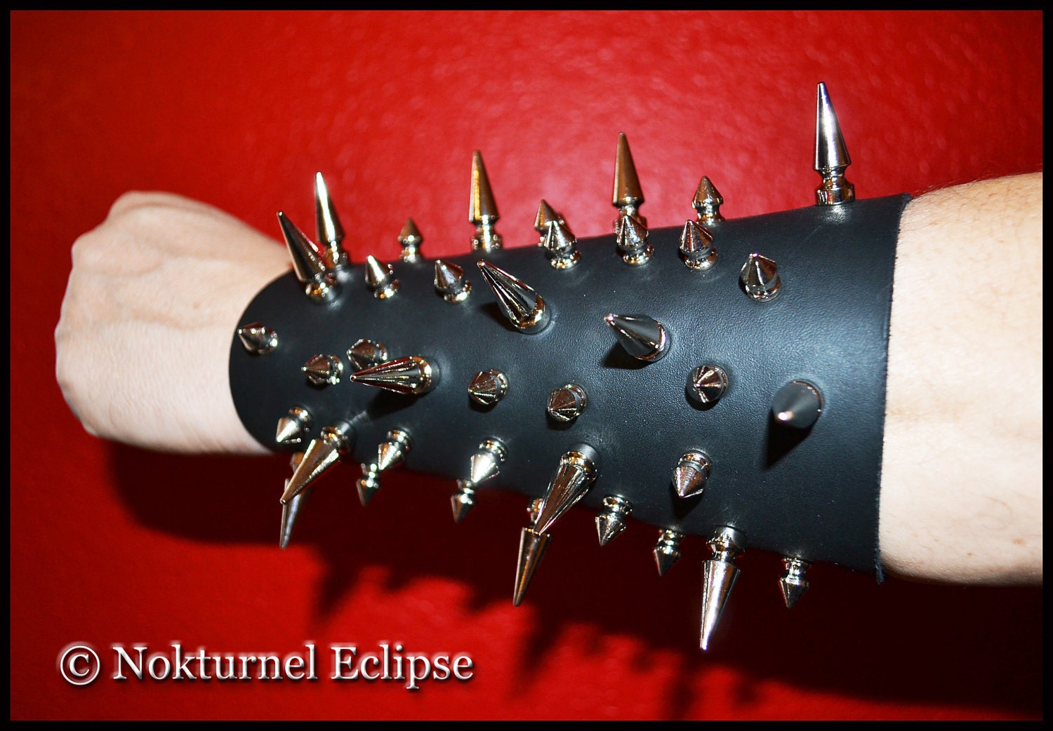 Black Metal Spiked Leather Gauntlet Cuff Sporadic Design Big Small Spikes Lace Up - Bondage Leather Armor Fetish Heavy Metal Costume UNISEX