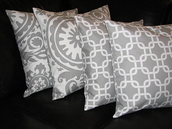 Decorative Pillows grey Throw Pillow Covers Two SETS suzani, chain link 18x18 inch gray 18" storm grey on white