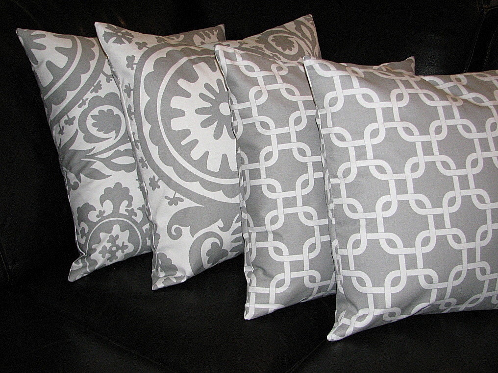 Decorative Pillows grey Throw Pillow Covers Two SETS suzani, chain link 18x18 inch gray 18" storm grey on white