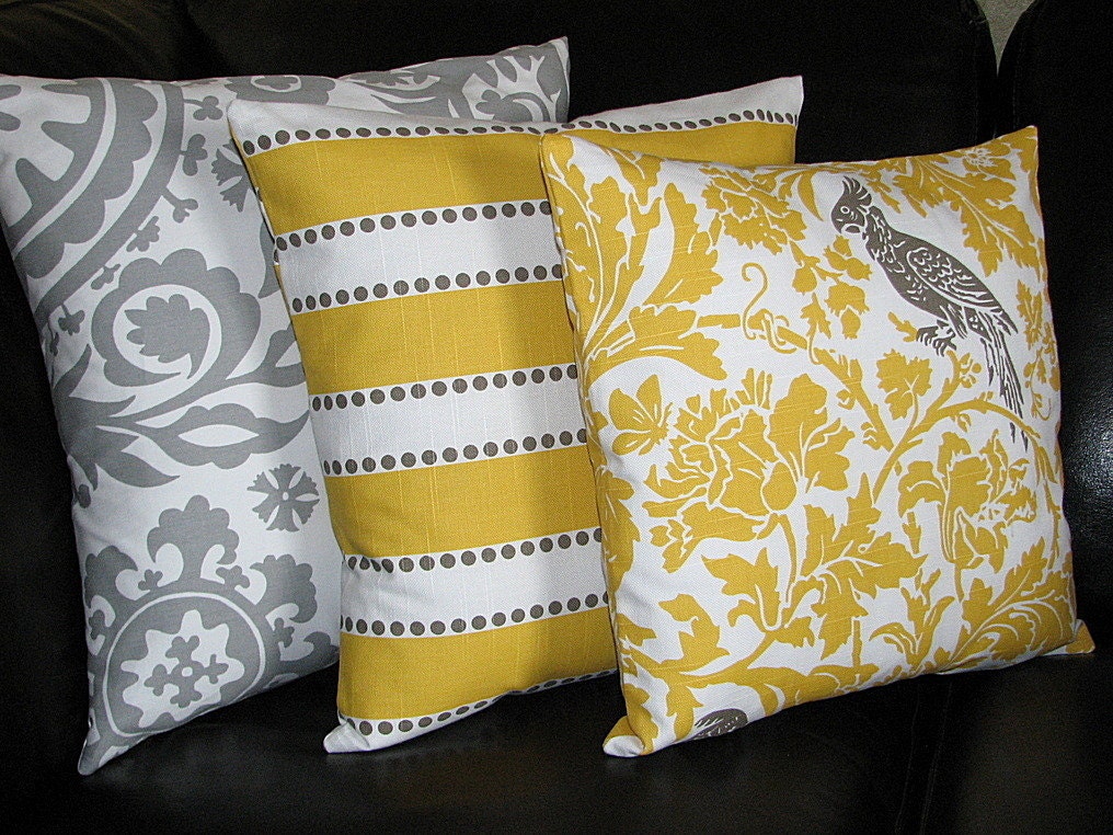 Pillows Decorative Pillows TRIO suzani, lulu stripe, barber bird 18x18 inch Throw Pillow Covers gray 18" storm grey, corn yellow, white