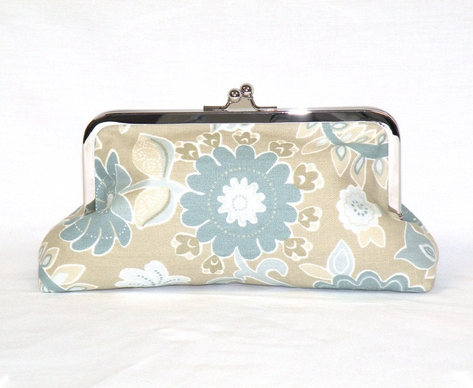 Nickel Free Kisslock Clutch  in botanical print in beige, cream and aqua