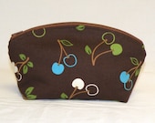 Extra Large Domed Make Up Bag in Tossed Cherries in green/turquoise blue/cream on brown