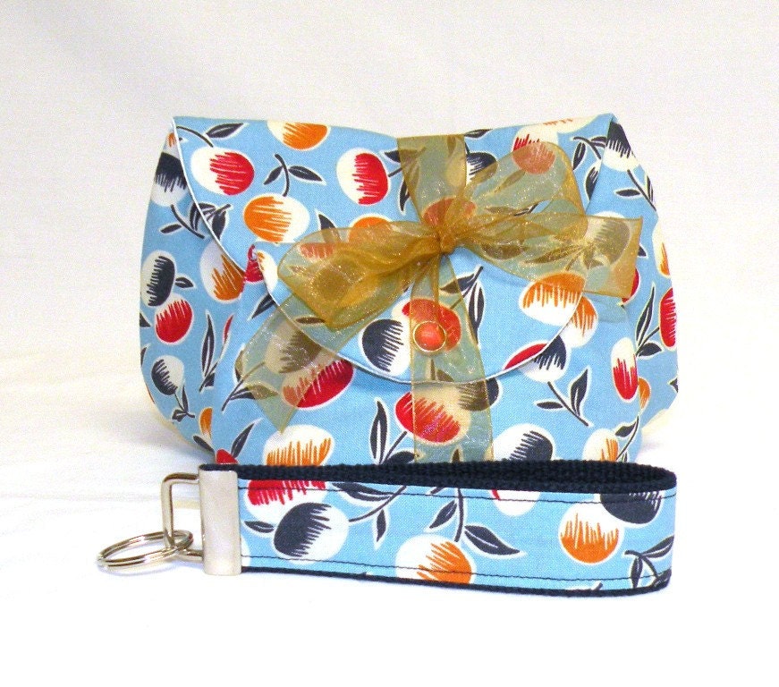 Make Up Bag/Coin Purse/Key Fob Gift Set in tossed cherries print in red, navy, ochre, and light blue