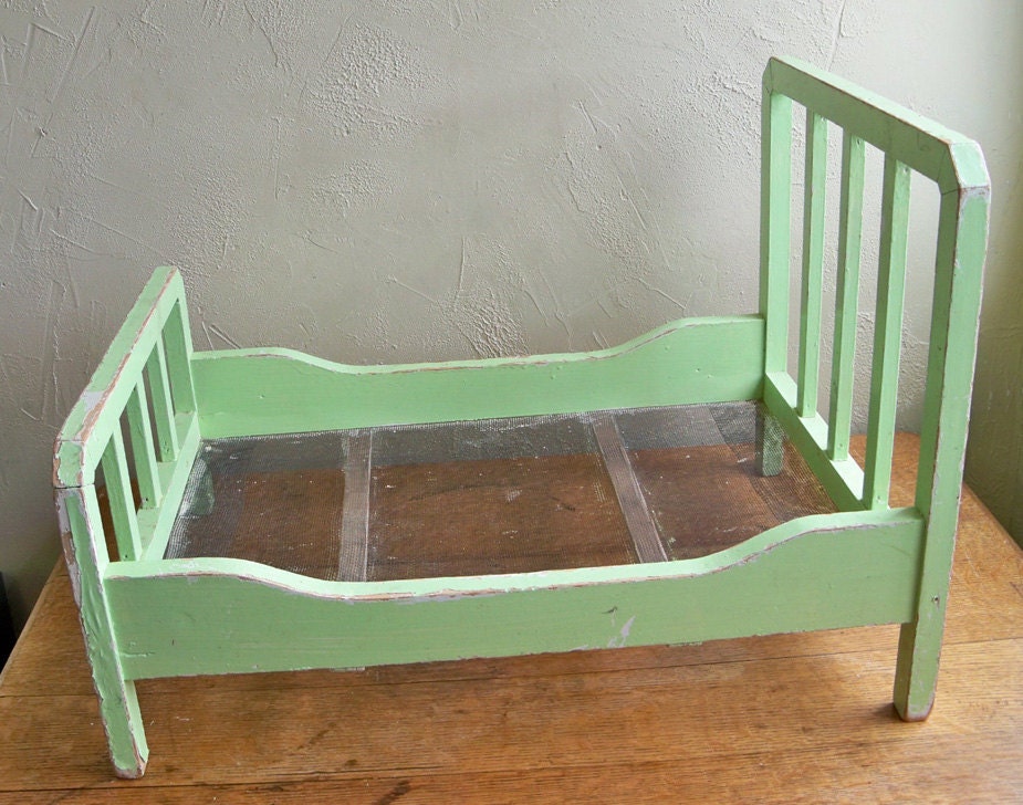 Mid-Century Hand-made Doll Bed in Wonderfull Shabby Mint Green