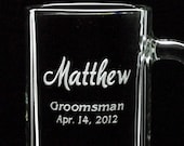 Set of 4 Groomsman Gifts - 4 'BOLD SCRIPT' WEDDING Beer Mugs - Custom Etched Beer Mugs, Father of the Bride / Groom, Jr. Groomsmen - 16oz