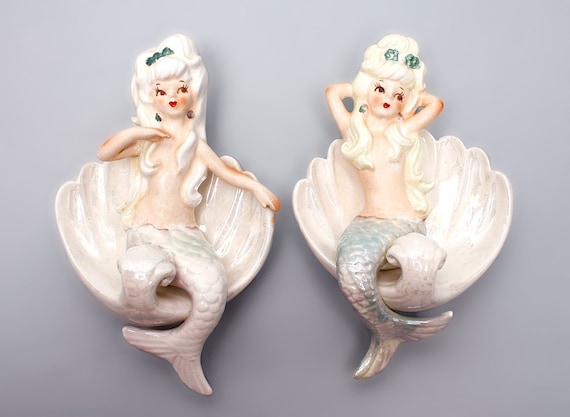 SUPER SALE Lefton Mermaid Set Left and Right Wall Plaques 1950s Pin Up Girls