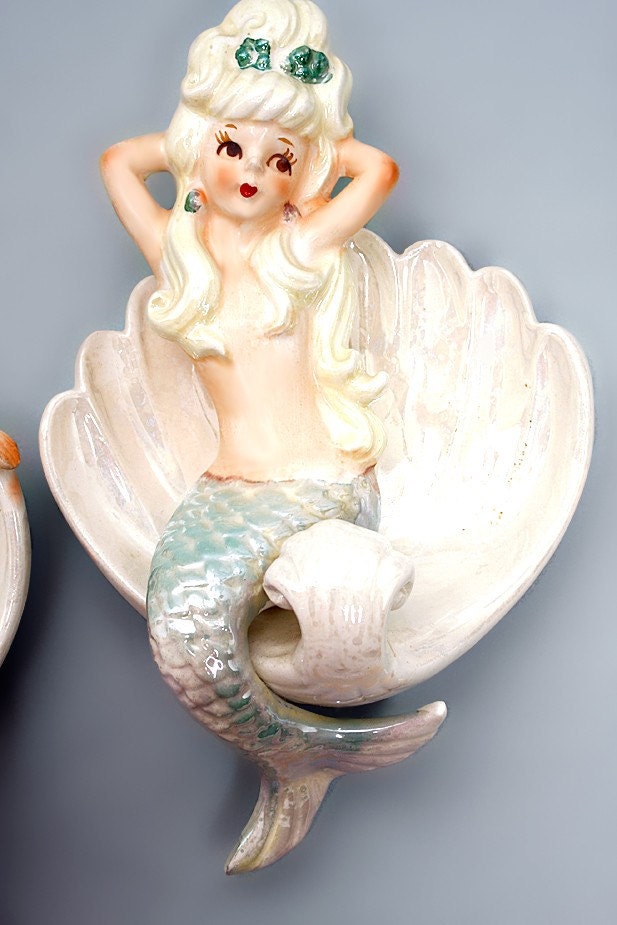 SUPER SALE Lefton Mermaid Set Left and Right Wall Plaques 1950s Pin Up Girls