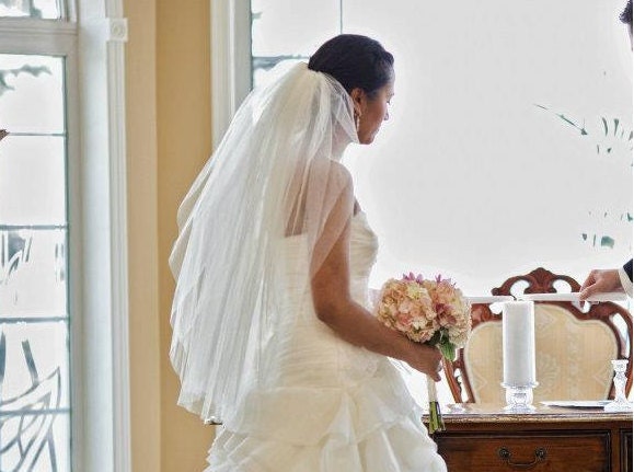 Waist length, 30 inches, 2 tier wedding veil with blusher, bridal veil - white, diamond white, or ivory