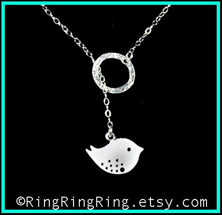 Sterling silver necklace jewelry - 925 hammered circle with cute twitter bird neclace 072012