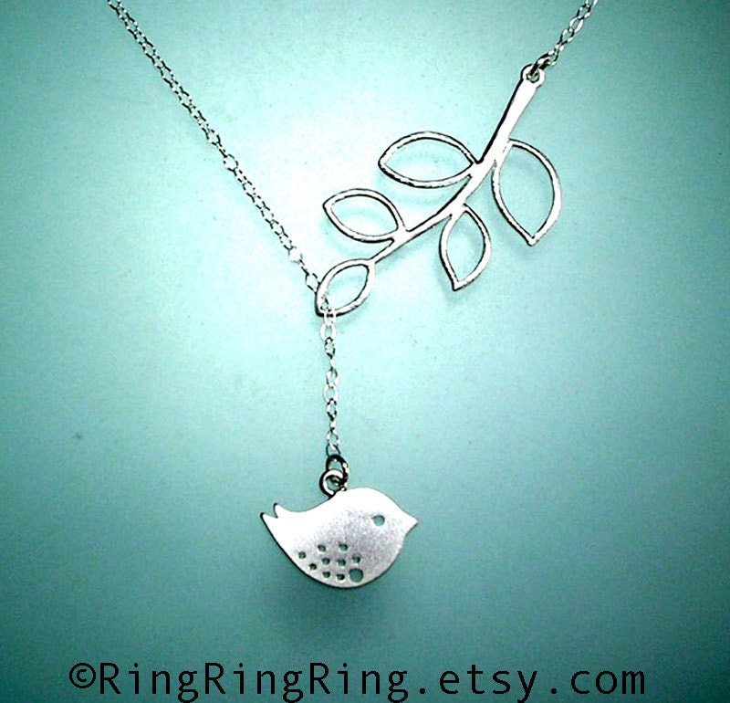 White Gold bird and branch Adjustable Sterling silver necklace - bird necklace, Gift for girlfriend, sisters 080912