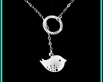 Sterling silver necklace jewelry - 925 hammered circle with cute twitter bird neclace 072012