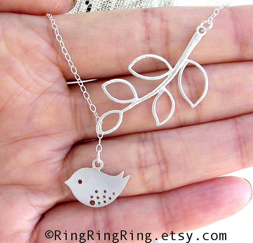 White Gold branch and bird necklace -  Adjustable sterling silver necklace with extension 101612