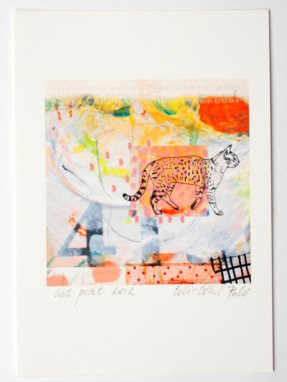 cat art print pink coral white number black wall home decor illustration