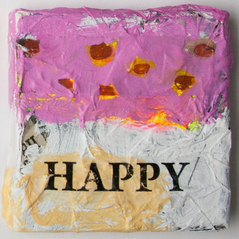 SALE happy painting pink fine art contemporary mixed media white