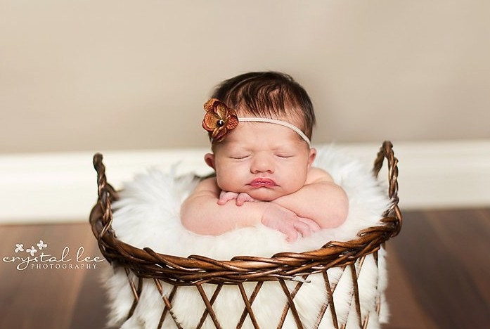 Skinny elastic brown flower headband for newborn baby or little girl, great photo prop