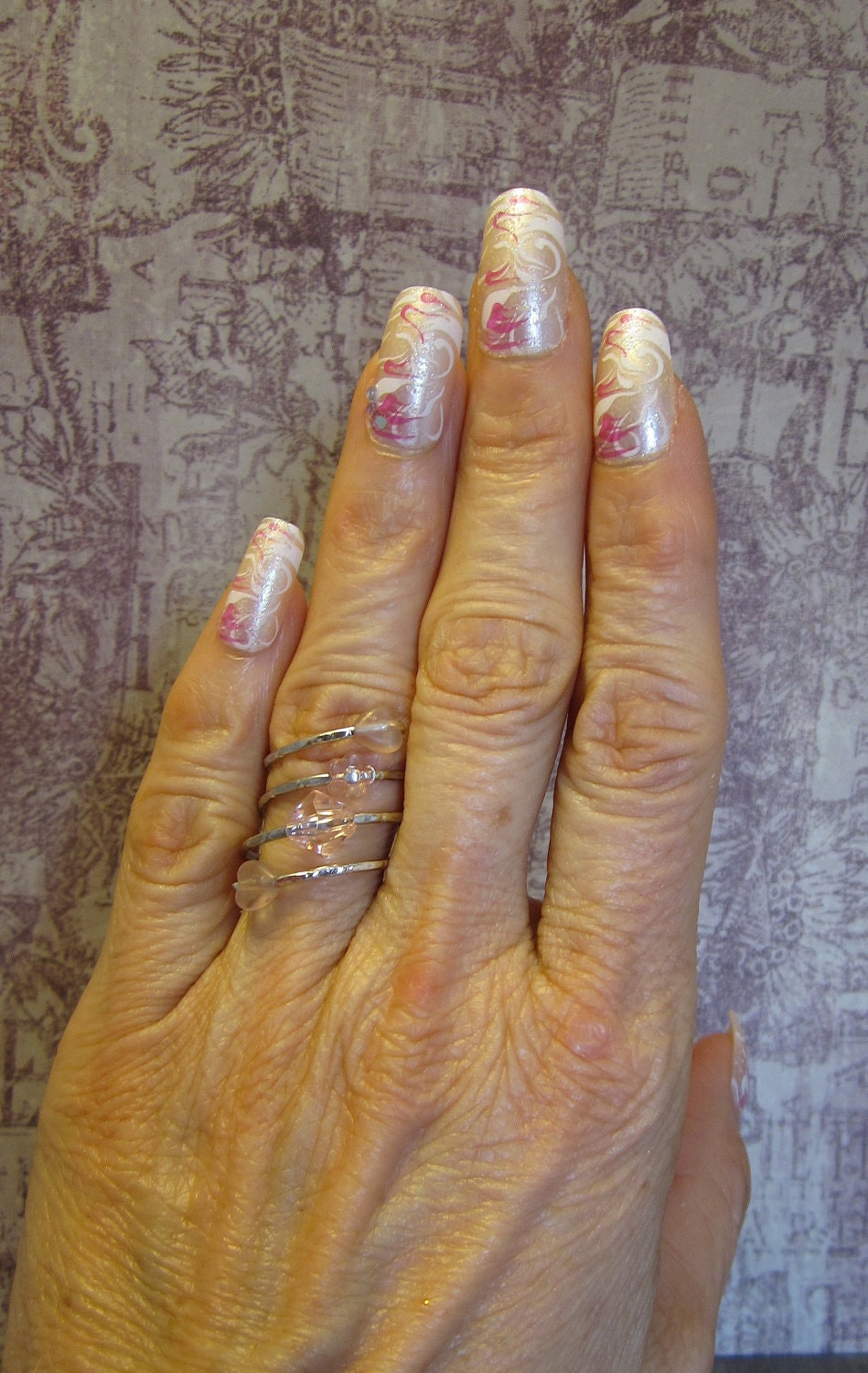 Ring - Metal Spiral Wrapped Ring Made from Bracelet with Light Pink Beads- Upcycled