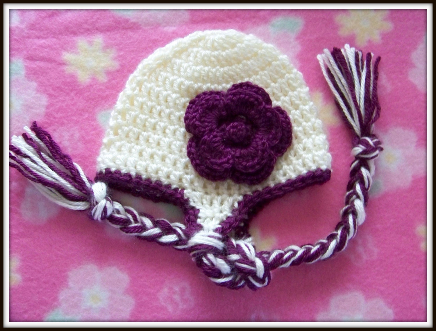 Baby Crochet Hat, Earflap, Infant Crochet Earflap Hat, Ivory, Plum, Newborn, Beanie, Children, Gift, Photo Prop