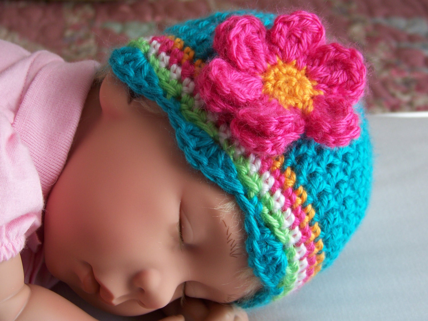 Free Gift,Baby Girl Hat, Newborn Crochet Hat, Crochet Infant Hat,Turquoise,Hot Pink, Beanie, Gift,Photo Prop