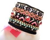 Bohemian hippie bracelet - Ethnic inspired vintage trim cuff in black and hot pink - rhinestones and studs - ultra wide