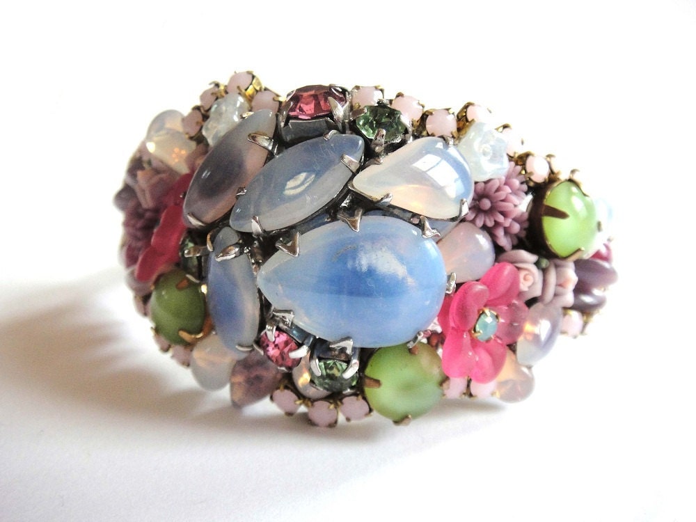 Pastel wedding bracelet - shabby chic bridal bracelet - vintage statement bib cuff - bridesmaids gift in blue pink and mint