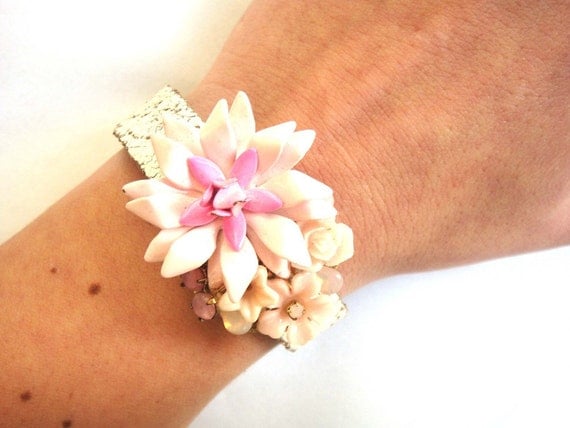 Pink wedding bracelet - repurposed shabby chic vintage collage - romantic bridal jewelry