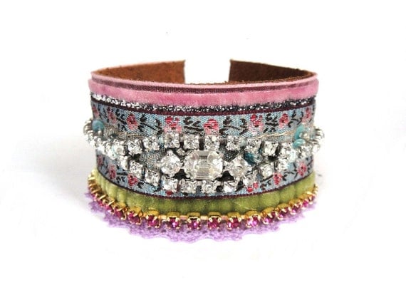 Rhinestone cuff bracelet in pink blue and green - velvet and ribbons with a sparkling vintage rhinestone bracelet upon a leather cuff