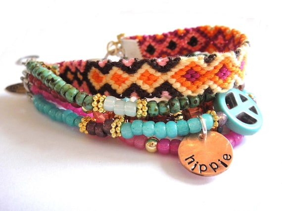 Bohemian hippie bracelet - beads rhinestones and friendship bracelet in turquoise hot pink and orange - gypsy style - indian summer
