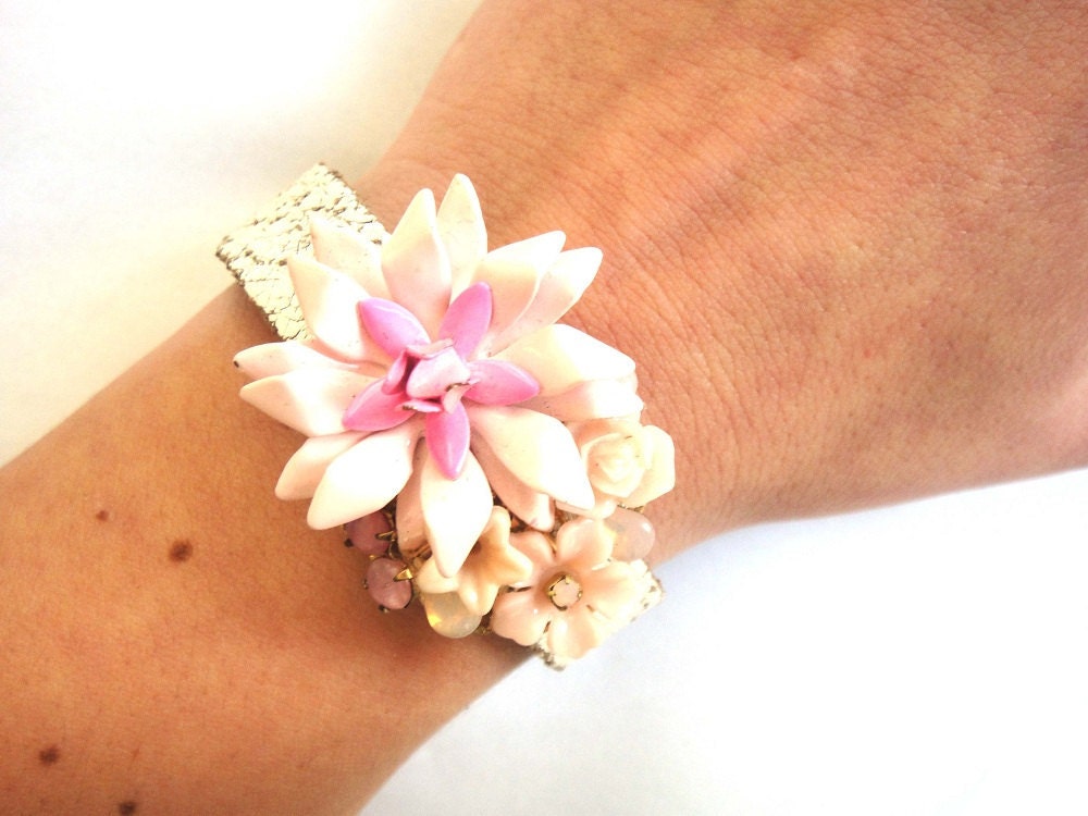 Pink wedding bracelet - repurposed shabby chic vintage collage - romantic bridal jewelry