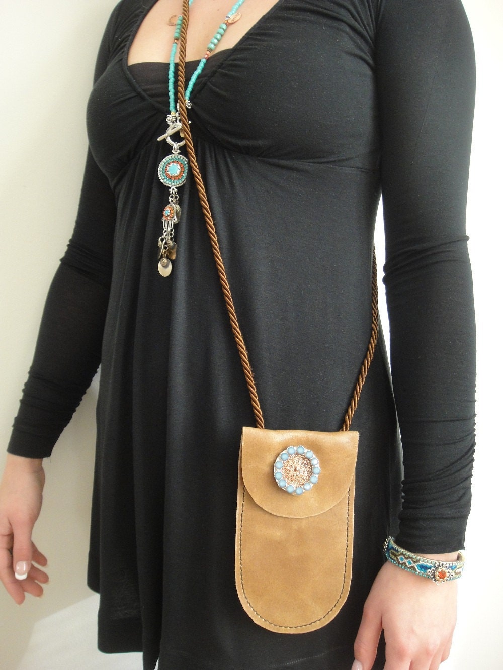 Bohemian hippie across shoulder bag - Soft brown swarovski studded leather festival accessoire