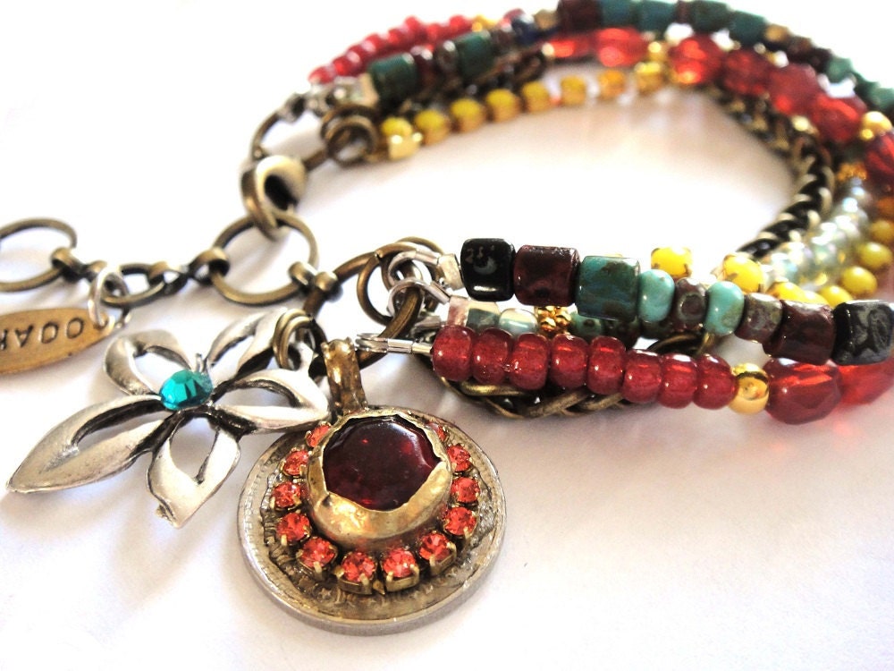 Gypsy hippie beaded bracelet with Rhinestones and antique Kuchi coin charm - colours of the orient