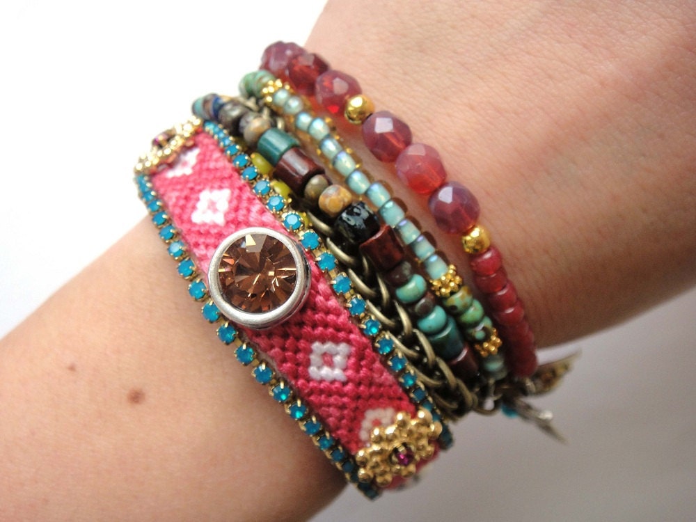 Gypsy hippie beaded bracelet with Rhinestones and antique Kuchi coin charm - colours of the orient