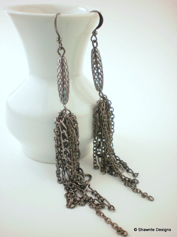 Gunmetal Filigree and Chain Dangle Earrings