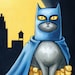 Batcat - 8x8 art print - superhero cat dressed like batman wearing his utility belt in front of a full moon and city line
