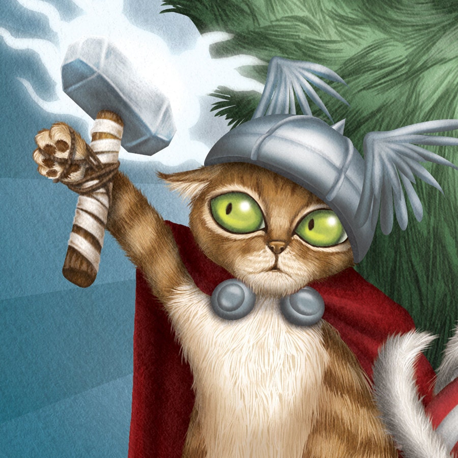 Cat Avengers - 10x8 art print - cats dressed up like Thor, Captain America, Iron Man and the Hulk. Superhero kitty