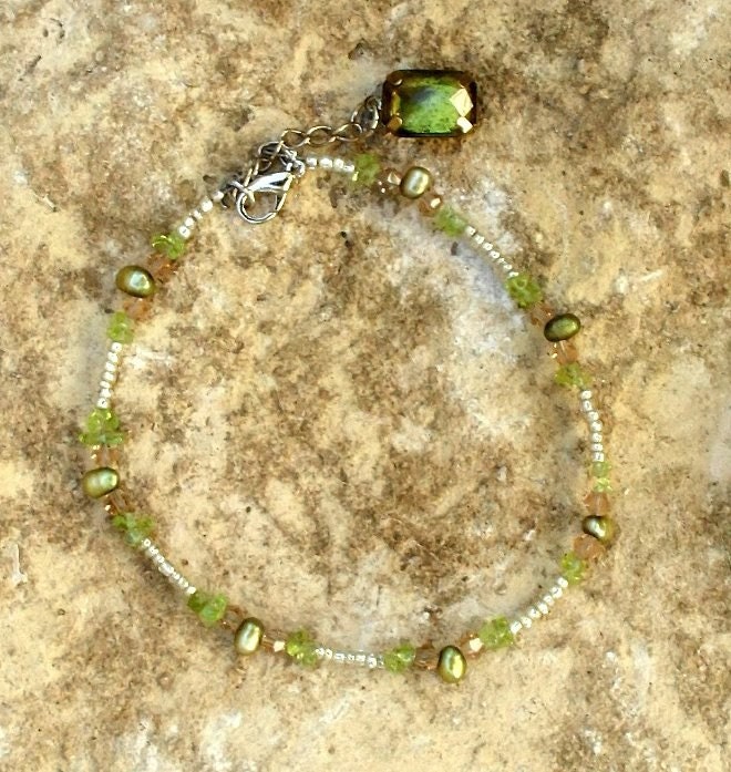 HOT AUGUST NIGHT Anklet- Peridot, Freshwater Pearls, Silver Seed Beads, Champagne Crystals, ooak