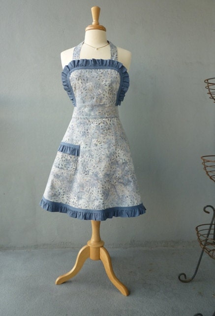 Full Apron - Vintage Style Apron with Swirl Skirt in Gray Blue Batik with Denim Ruffle Trim - Ready to Ship - CLKconcepts
