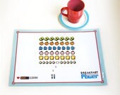 Back to School, Breakfast is Power Laminated Kitchen Retro style healthy creative Placemat. Space invaders Children Teens Geekery Kids Gift