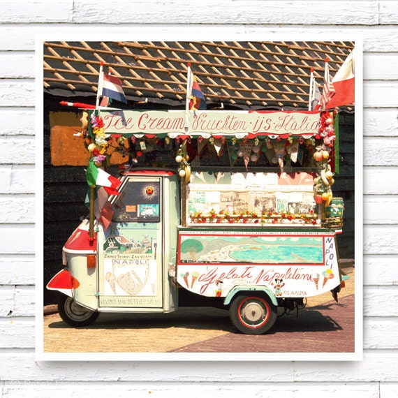 Nostalgic photography, Children Nursery: Dutch Ice Cream Truck Fine Art Wall Photo Print 8x8 (20x20cm), Shabby Chic, red mint colorful