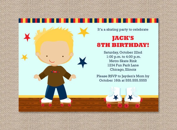 Roller Skating Fun Birthday Party Invitations - Blond Boy