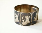 Vintage Heavy Siam Ethnic Sterling Silver Niello Bracelet